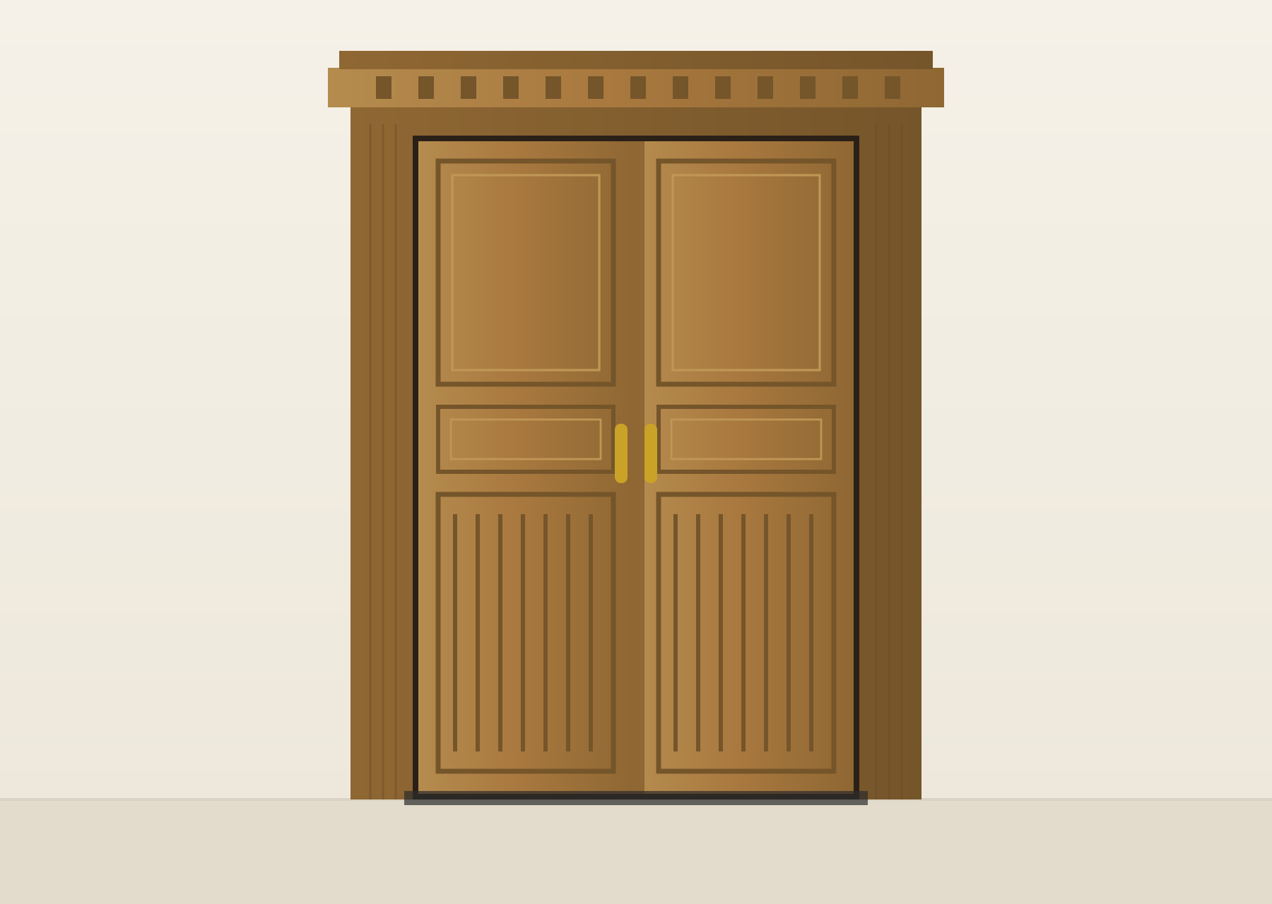 Illustration of a panelled double wooden door with brass handles, set in a carved frame.