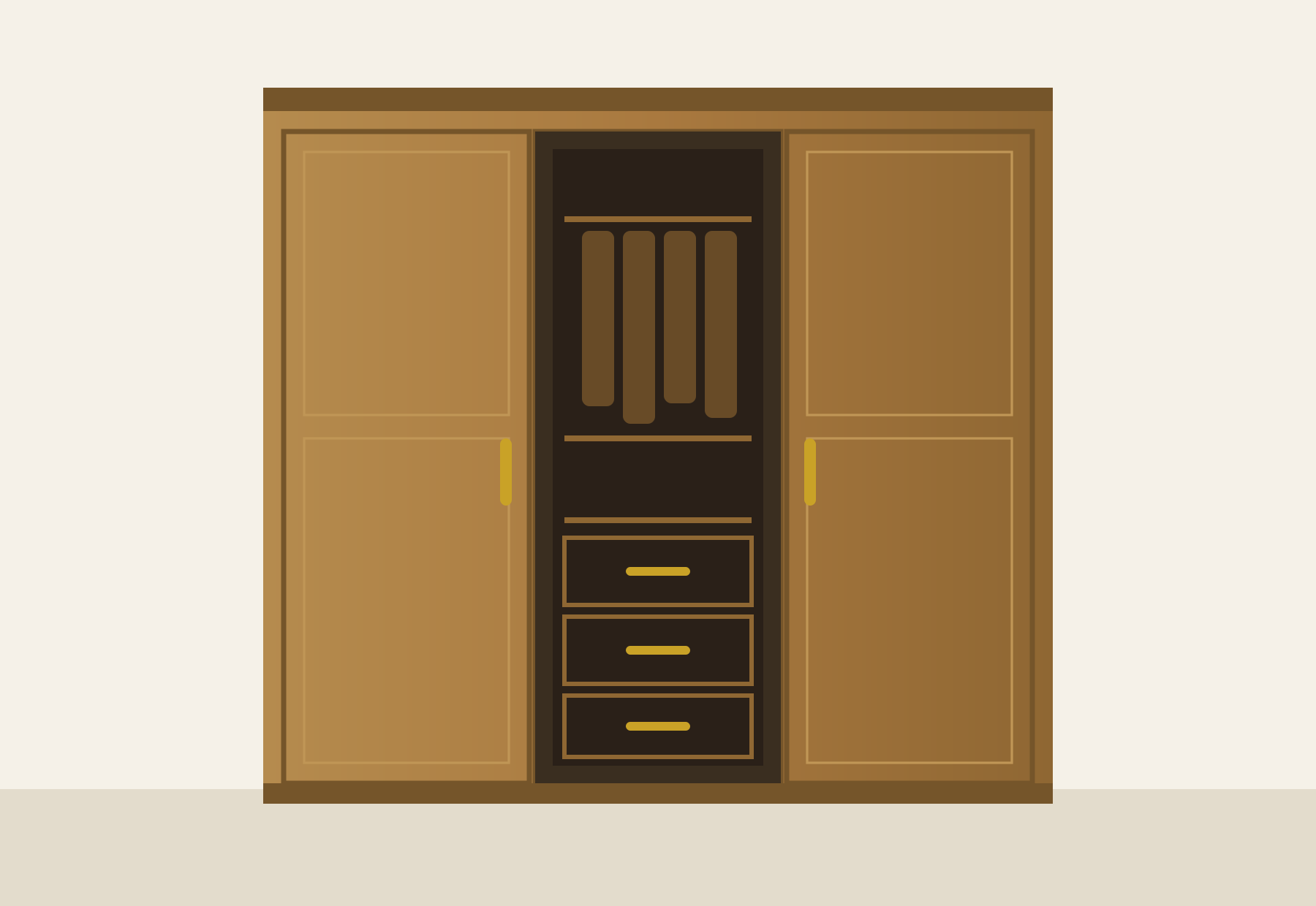 Illustration of a fitted wardrobe with two panelled doors either side of an open hanging section with drawers.